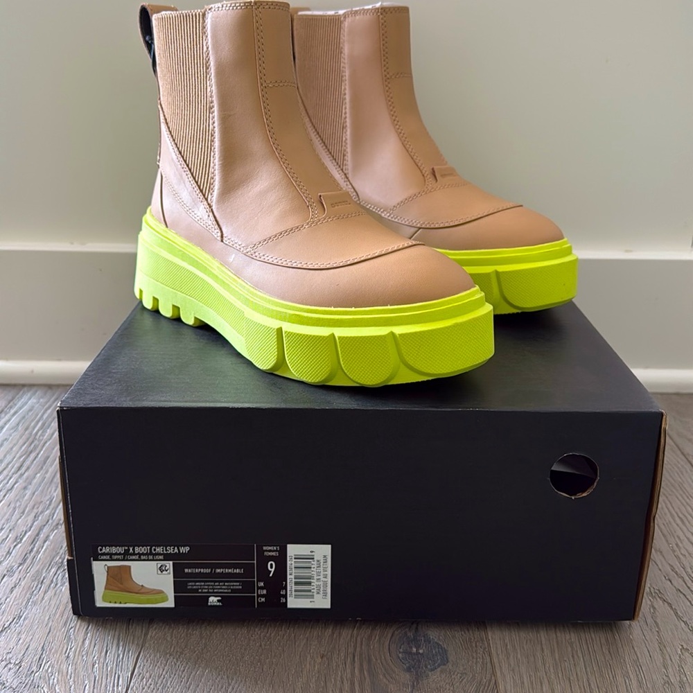 SOREL Leather Caribou™ X Chelsea Waterproof Boot in Tan w/ Green Rubber Sole-9 - Picture 2 of 12